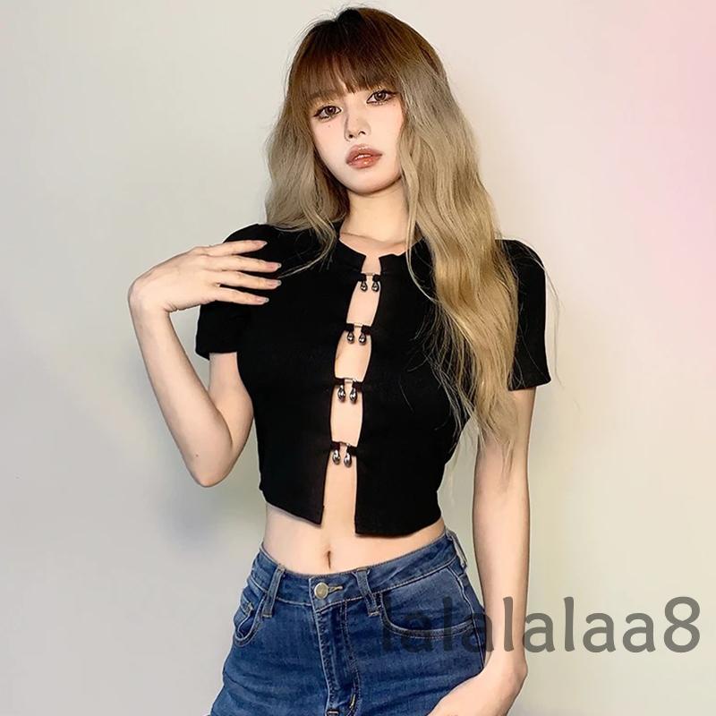Áo Crop Top Tay Ngắn Cổ Tròn Màu Sắc Đơn Giản Cho Nữ
