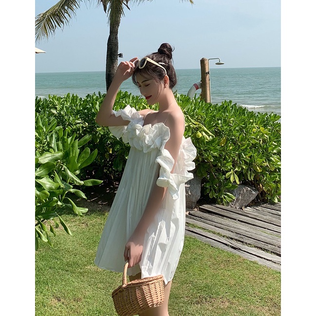 Váy Nữ Trễ Vai Kèm Dây Buộc Cổ Chất Liệu Đũi Mềm Mịn Không Nhăn, Đầm trắng trễ vai kiểu dáng công chúa dập ly đi dự | BigBuy360 - bigbuy360.vn