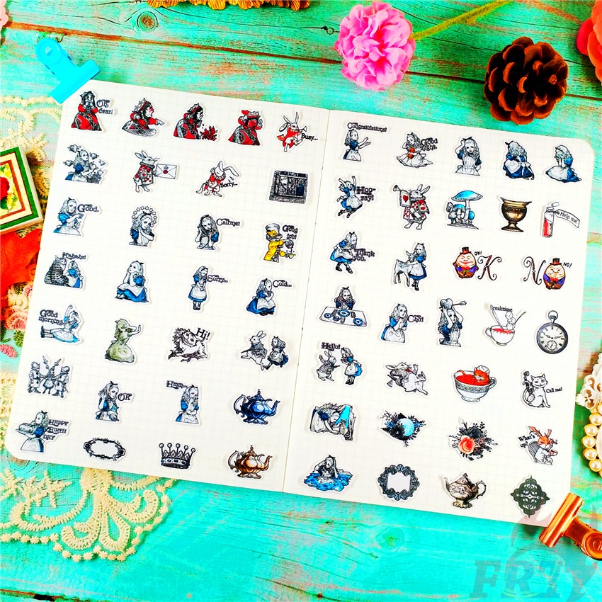 ★★★ Nghệ thuật Retro. Sticker Dán Trang Trí Nhật Ký Hình Alice in Wonderland Q-1 ★★★ 60 Miếng Dán Trang Trí Album Thời Trang (Size: 2~3cm)