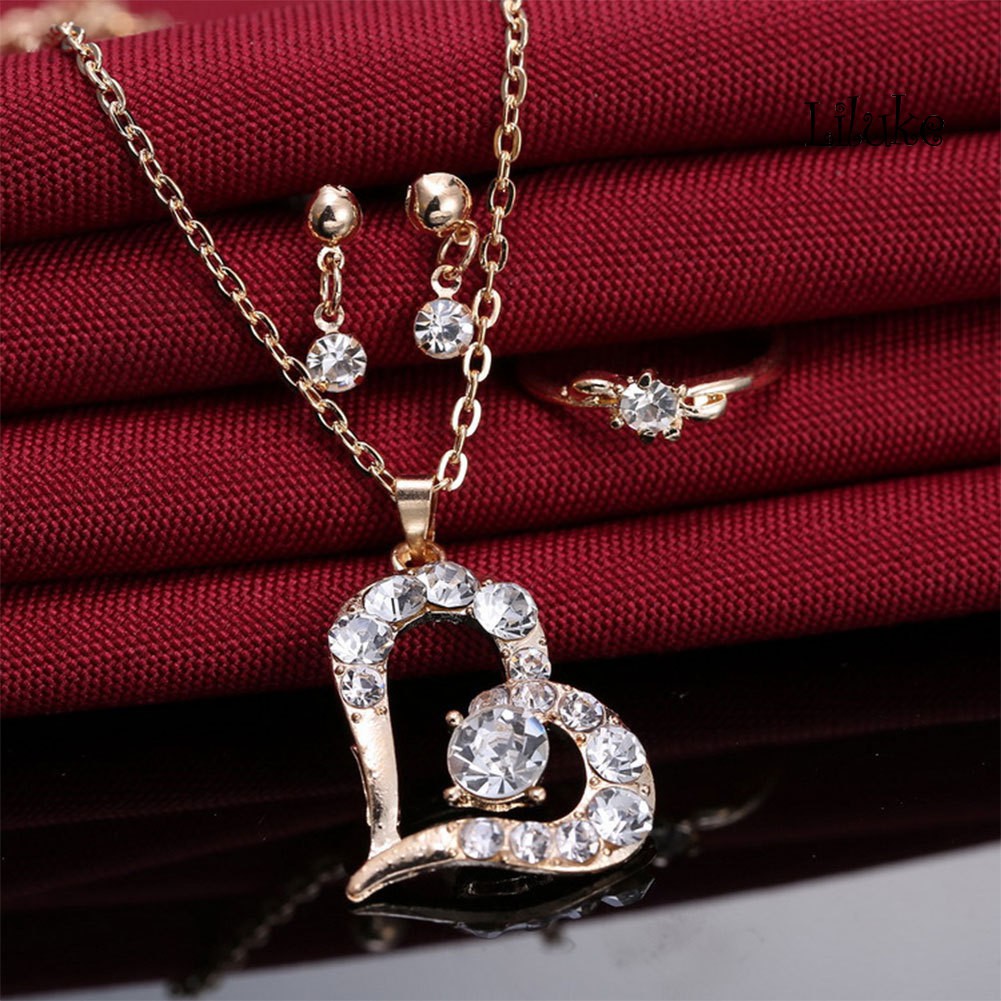 Bộ Vòng cổ + Nhẫn + Đôi Khuyên Tai Mặt Kim Cương Giả Hình Trái Tim Sang Trọng Cho