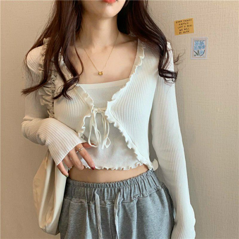 Áo cardigan croptop vạt chéo viền bèo+ áo quây trắng đen