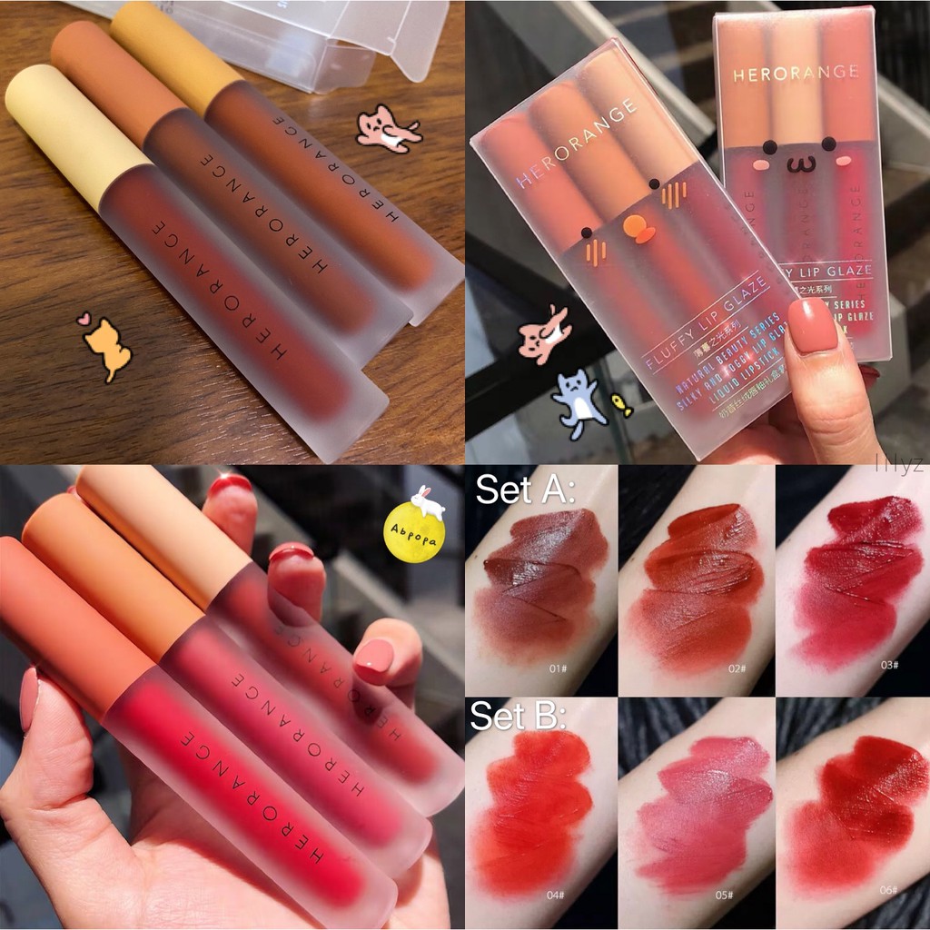 Son Kem ✅FREESHIP✅ Set 3 Cây Son Kem Lì Herorange Fluffy Lip Glaze | Thế Giới Skin Care