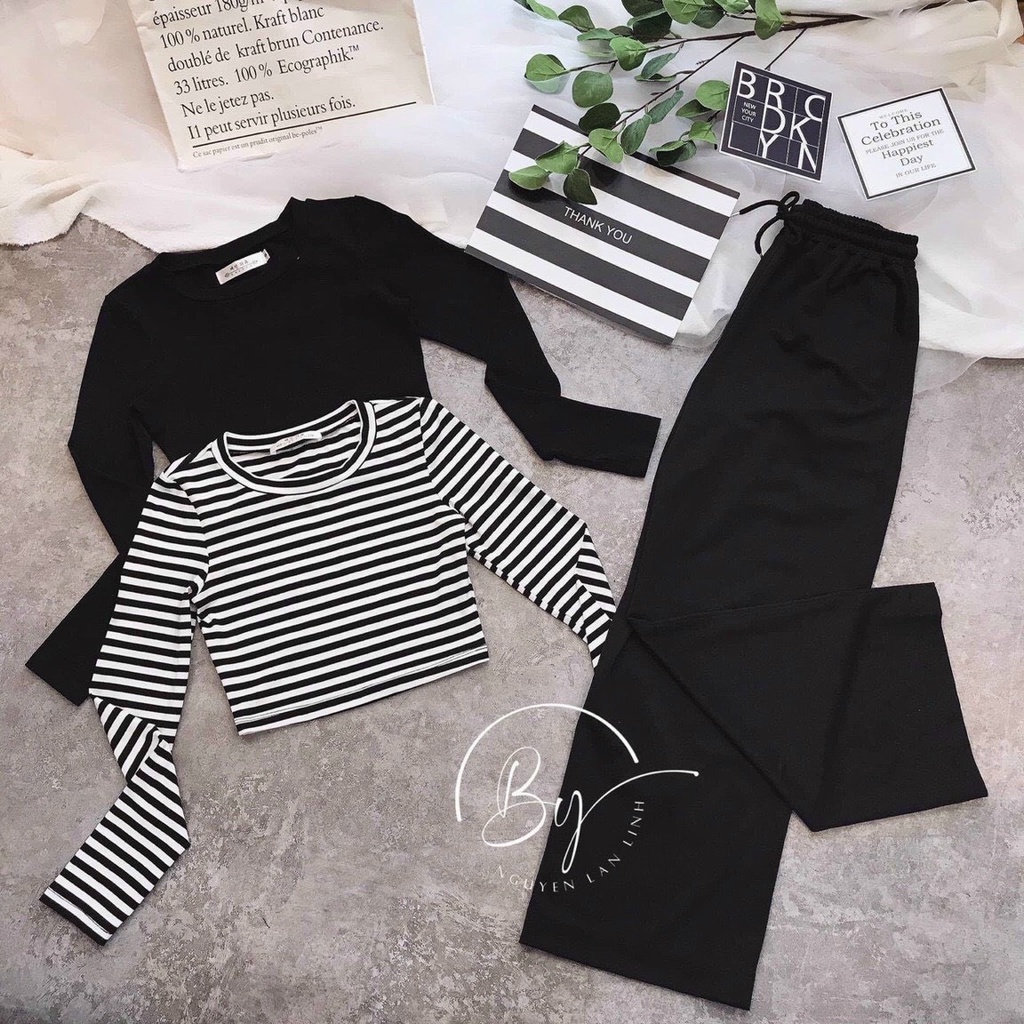 Set bộ đi chơi áo thun tay dài cổ tròn sọc ngang trơn quần dài rộng lưng chun cá tính Tv