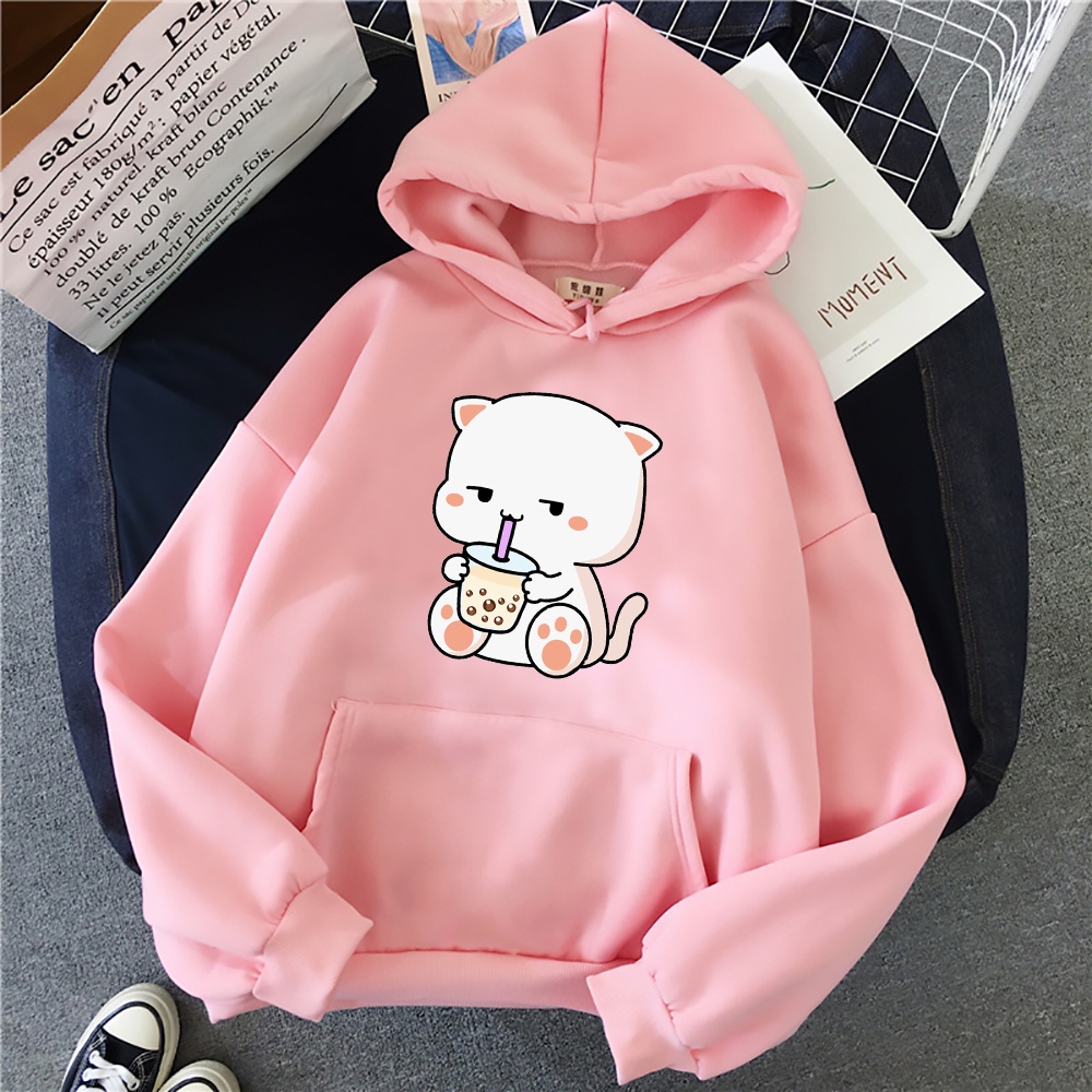 Áo Hoodie Cổ Tròn In Hình Mèo Dễ Thương Phong Cách Harajuku Cho Nữ