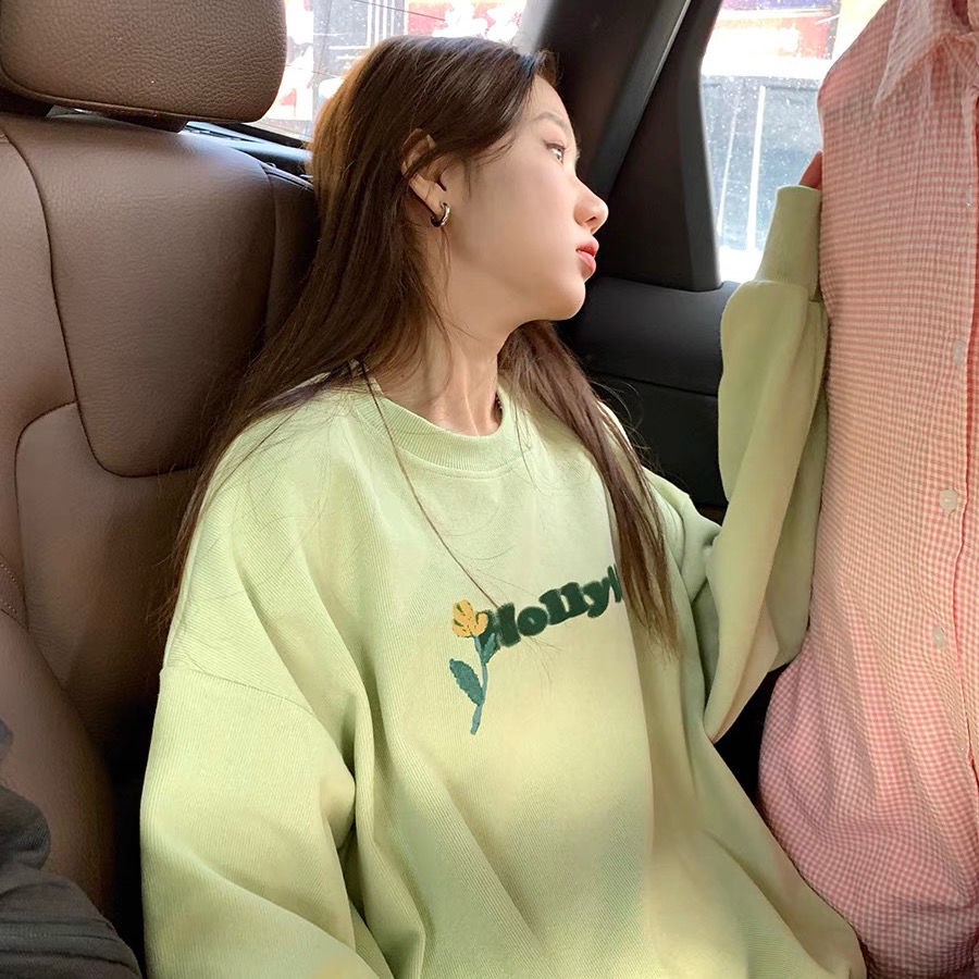 Áo Sweater Dáng Rộng In Họa Tiết Hoa Và Chữ Phong Cách Hàn Quốc Mới Cho Nữ