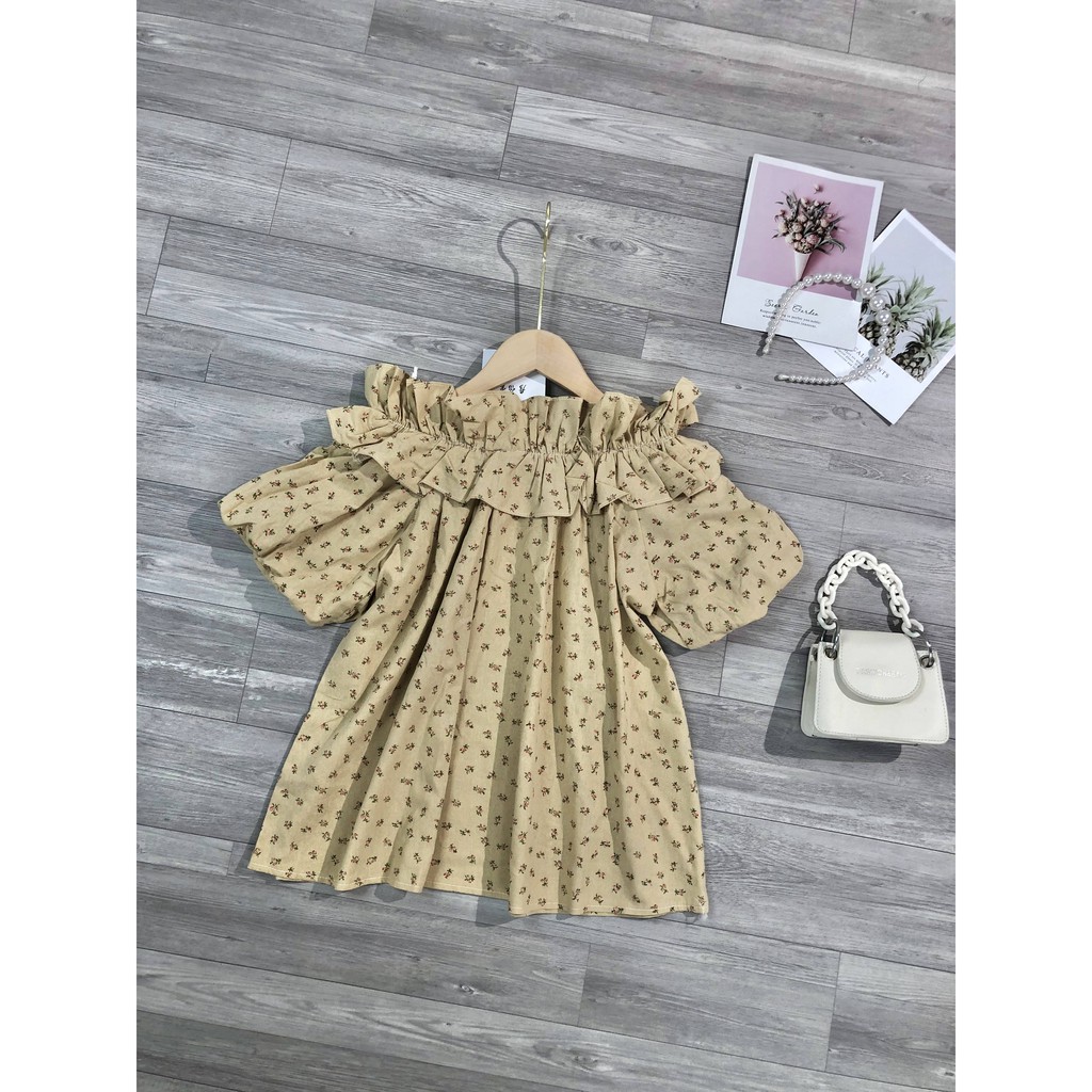 Áo thiết kế trễ vai hoa nhí ngắn tay bo chun bèo cổ MQ CLOTHING áo nữ hai kiểu dáng họa tiết nhẹ nhàng nữ tính