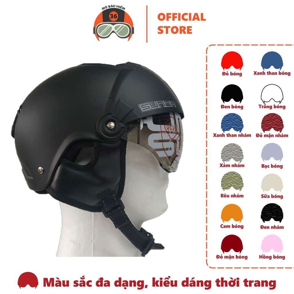 Mũ bảo hiểm nửa đầu SUNDA 135D giấu kính tháo lót tiện lợi thời trang
