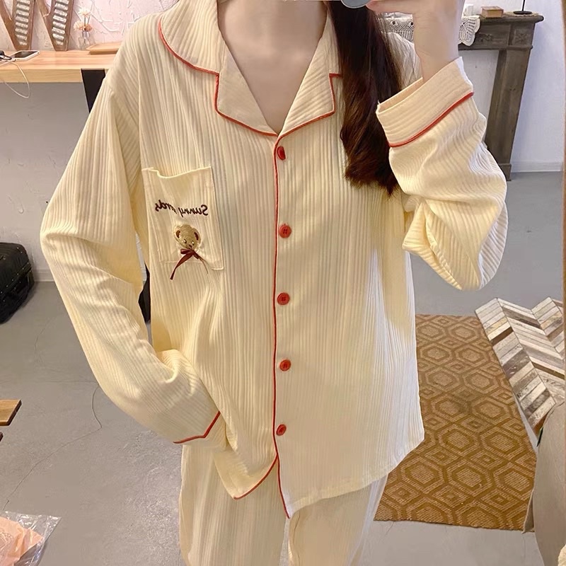 Đồ ngủ nữ mặc nhà viền đỏ tay dài chất thun cotton siêu mát | BigBuy360 - bigbuy360.vn