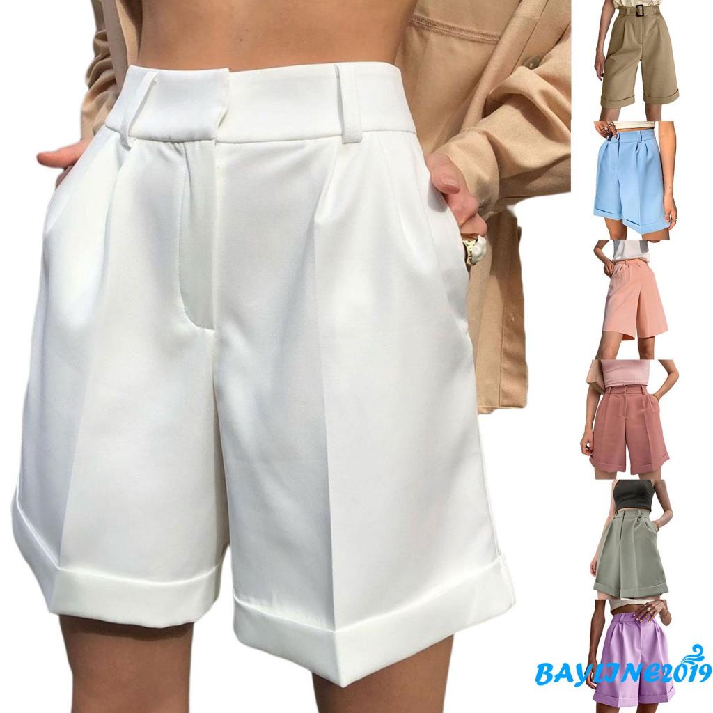 BAY-Quần ngắn ống rộng lưng cao màu trơn có túi phong cách size S/ M/ L/ XL cho nữ