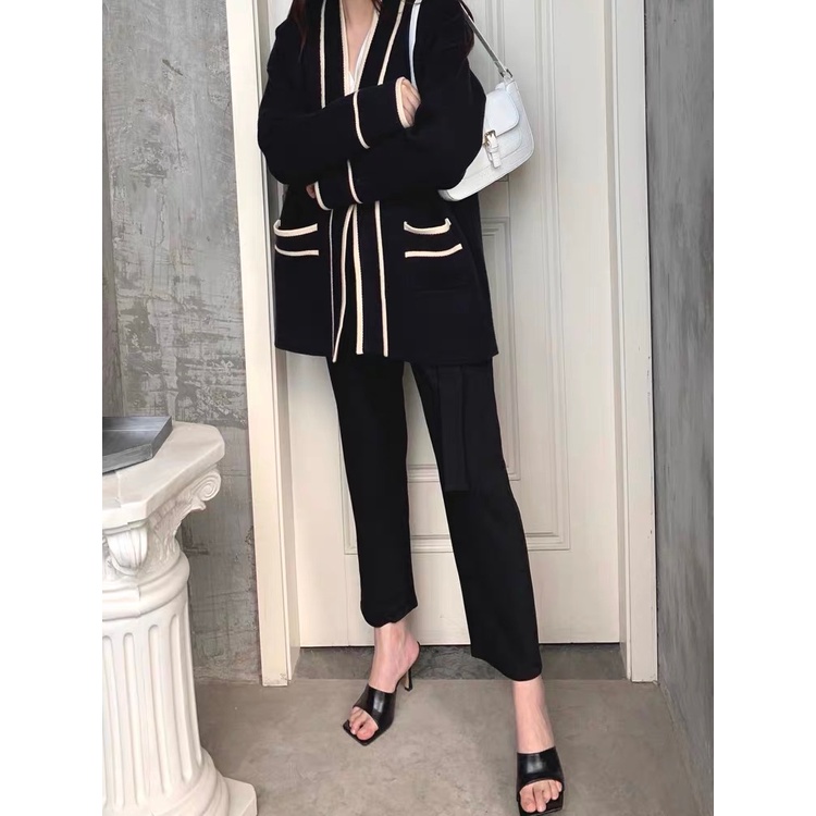MS526 Áo khoác cardigan len phối viền màu 2 túi