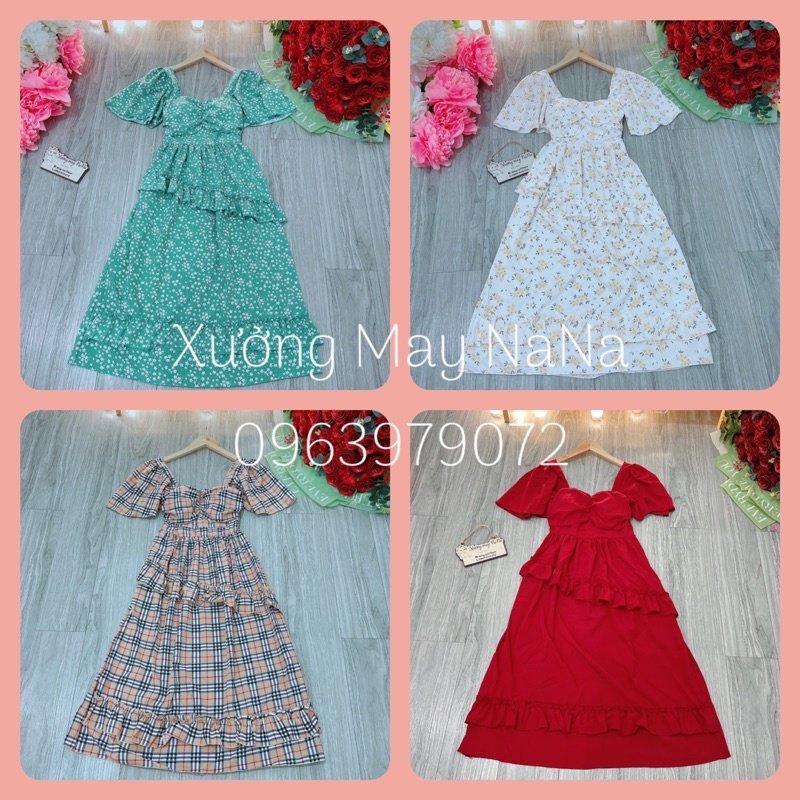 Đầm cổ vuông bèo tầng siêu hot