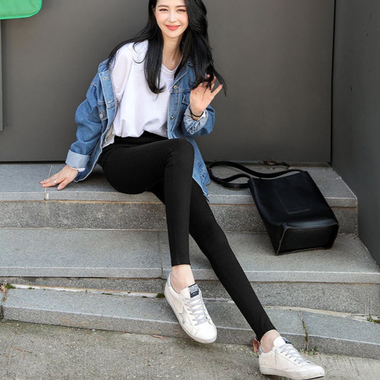 Quần Legging Jean cạp cao nâng mông siêu co dãn/Màu Đen
