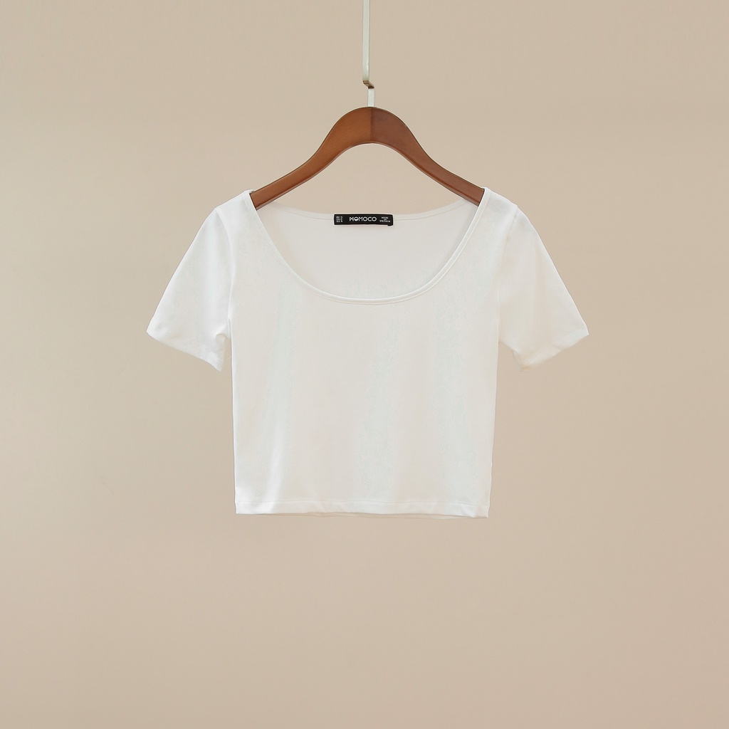 Áo thun croptop cộc tay MOMOCO dáng ôm cổ chữ U, chất liệu cotton co giãn thoáng mát M2908