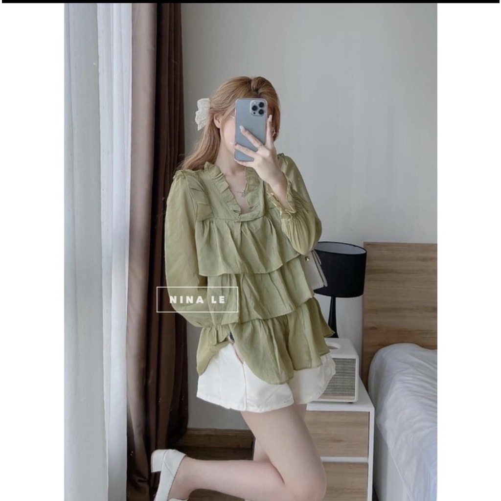 Set bộ nữ áo bèo tầng trễ vai mix quần tacta, Set đồ nữ sang chảnh bánh bèo xinh xắn