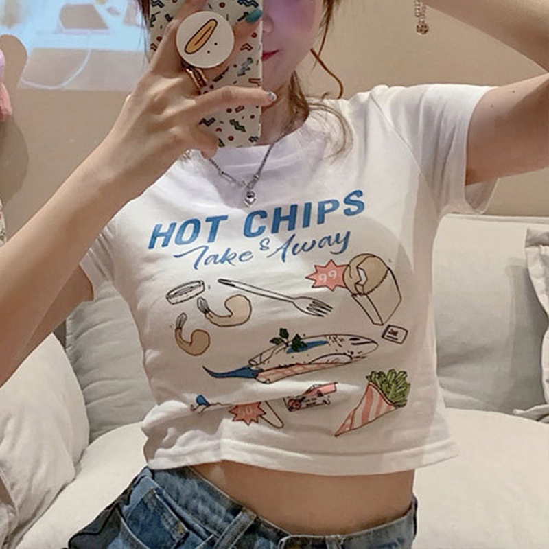 Áo Thun Croptop Tay Ngắn Cổ Tròn In Họa Tiết Hoạt Hình Và Chữ Thời Trang Mùa Hè Cho Nữ