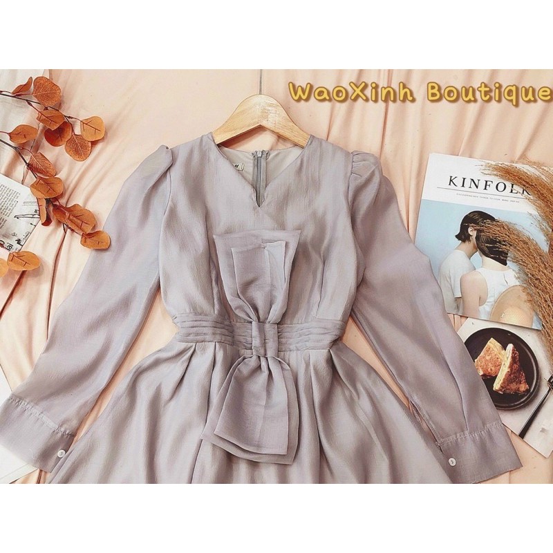 [Đầm Váy Thiết Kế Cao Cấp Sang Trọng] Đầm Voan Xoè Nơ Eo Tay Dài Cổ Cách Điệu Vintage Dự Tiệc , Du Lịch, Hẹn Hò Xinh Đẹp