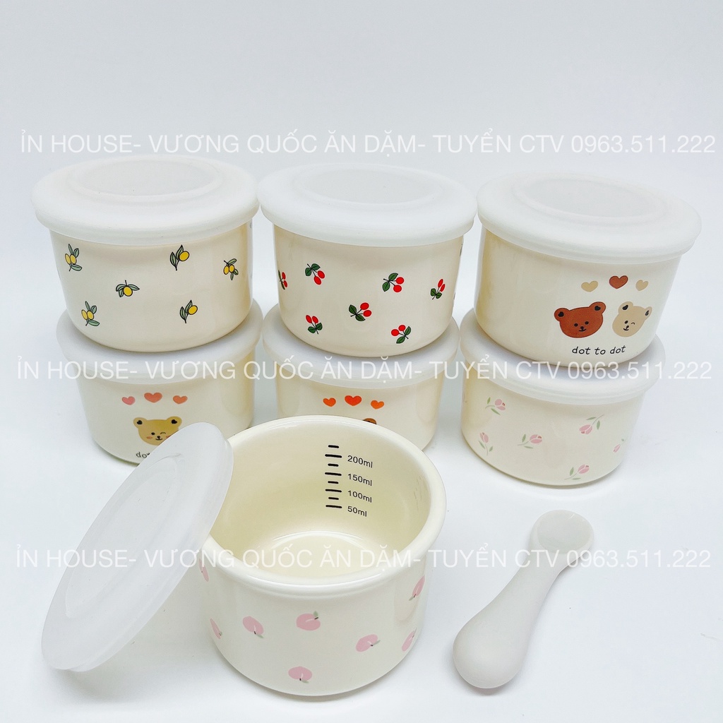 Hũ Sứ Hàn INS Trữ, Đựng Đồ Ăn Dặm,có Nắp Silicon chống rò Phong Cách Hàn Quốc 250ml, Bát Sứ Ăn Dặm In Hình Họa Tiết
