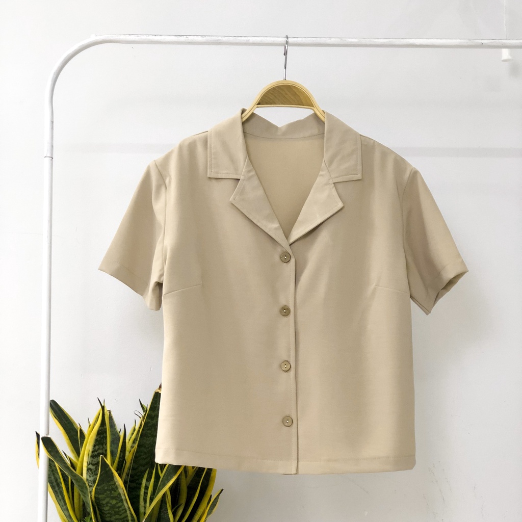 -Áo sơ mi form lửng cổ danton nút gỗ Vintage ulzzang K-style