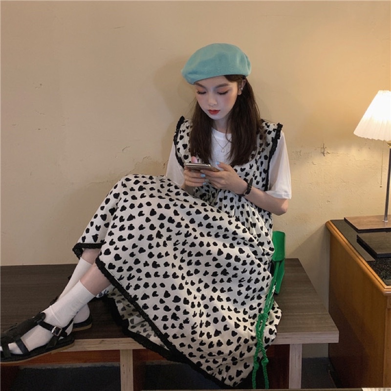 Set áo phông trắng + váy yếm maxi viền ren dễ thương ulzzang Hàn Quốc [Yannie]