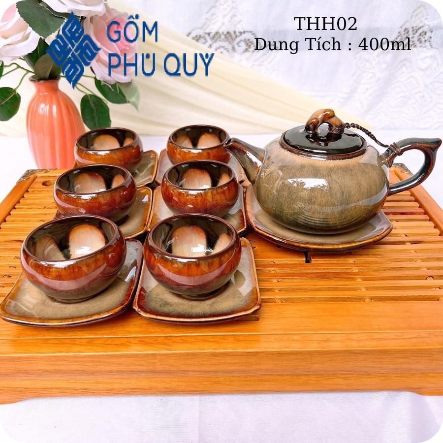 Bộ Ấm Trà 🎁 Gốm Sứ Bát Tràng 🎁 Bộ Ấm Chén,quả Hồng Gấm Hoa Cao Cấp Decor Gomphuquy Thh02