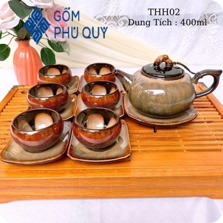 Bộ Ấm Trà 🎁 Gốm Sứ Bát Tràng 🎁 Bộ Ấm Chén,quả Hồng Gấm Hoa Cao Cấp Decor Gomphuquy Thh02