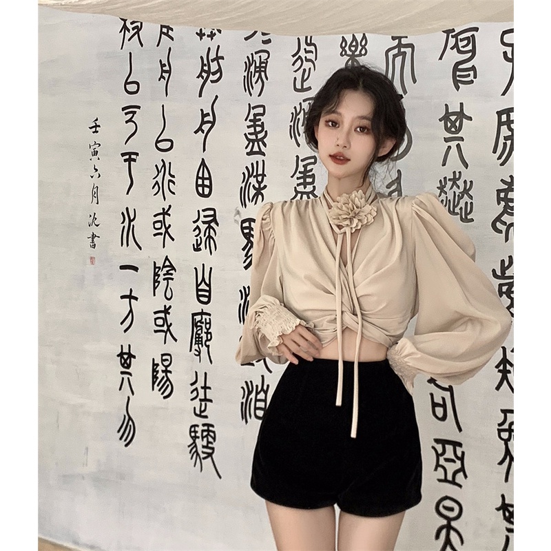 Áo Hoa Tay Phồng Cổ Chữ V Thời Trang Quyến Rũ Cho Nữ