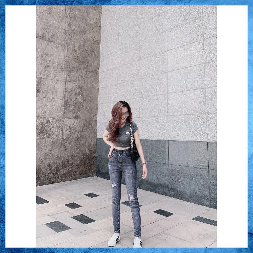 [Jeans nữ thiết kế] Quần bò dài rách, quần skinny jeans lưng cao túi chéo màu khói xám. Mã D5150