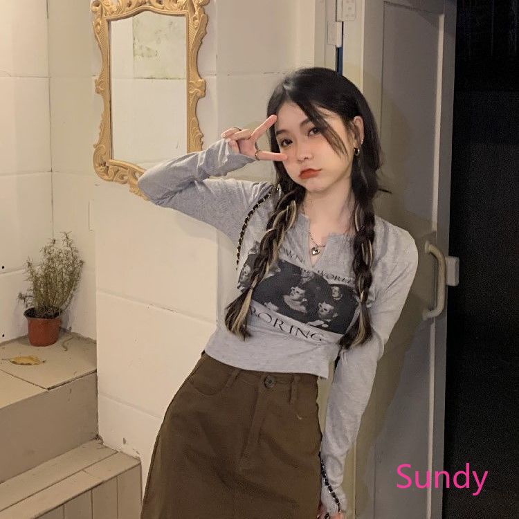 Áo Thun Tay Dài Cổ Chữ V In Họa Tiết Vintage Thời Trang Mùa Thu Cho Nữ