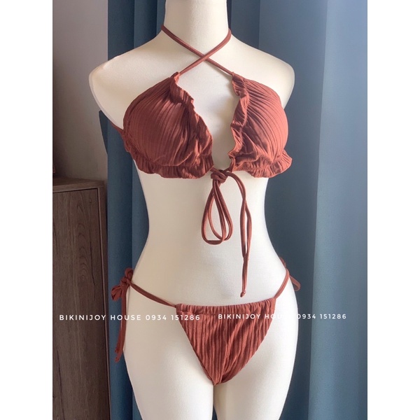 Bikini 2 mảnh đi biển chất len tăm màu cam đất hot trend