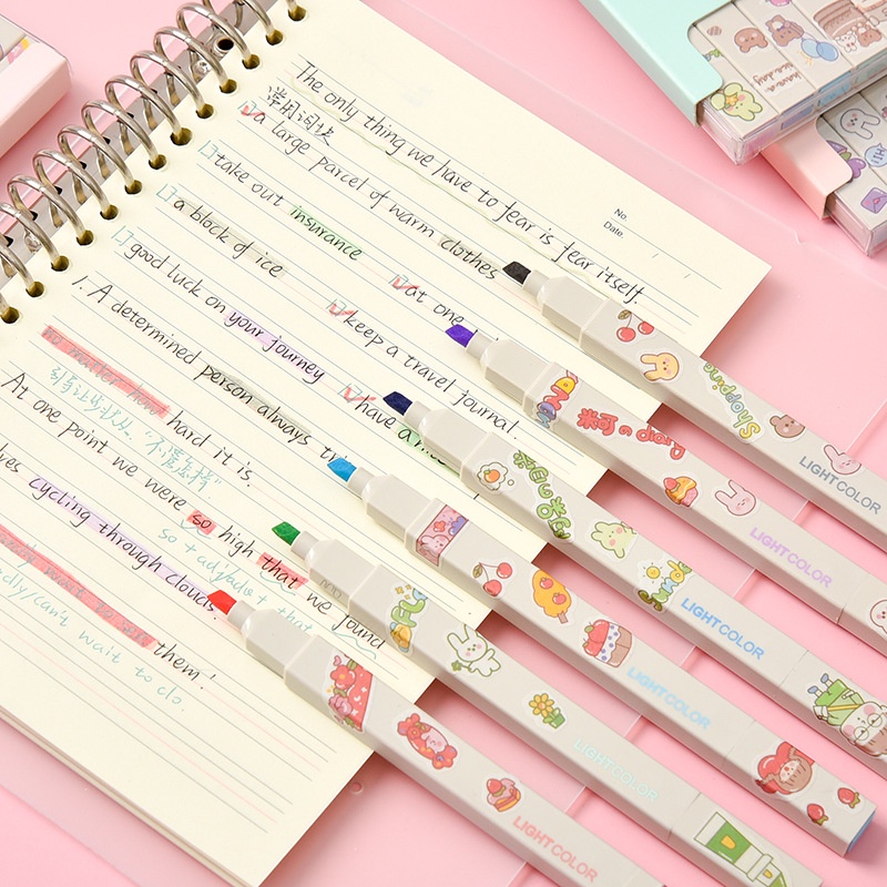 SET 6 BÚT DẠ QUANG HIGHLIGHT THÂN VUÔNG MÀU PASTEL KÈM STICKER