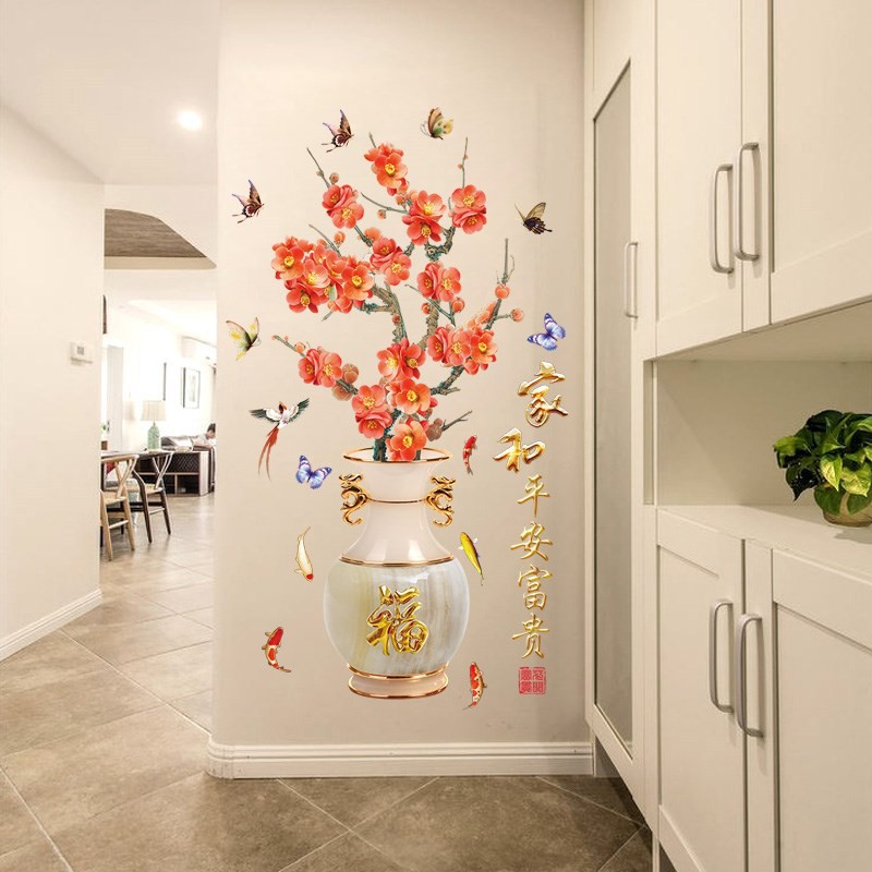 Decal dán tường Bình hoa đào đỏ 3D to nhất | BigBuy360 - bigbuy360.vn
