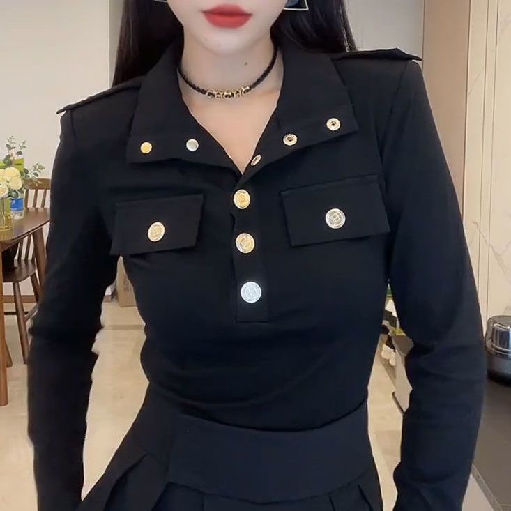 Áo Thun Cotton Cổ POLO Phối Nút Kim Loại Thời Trang Mùa Thu Dành Cho Nữ