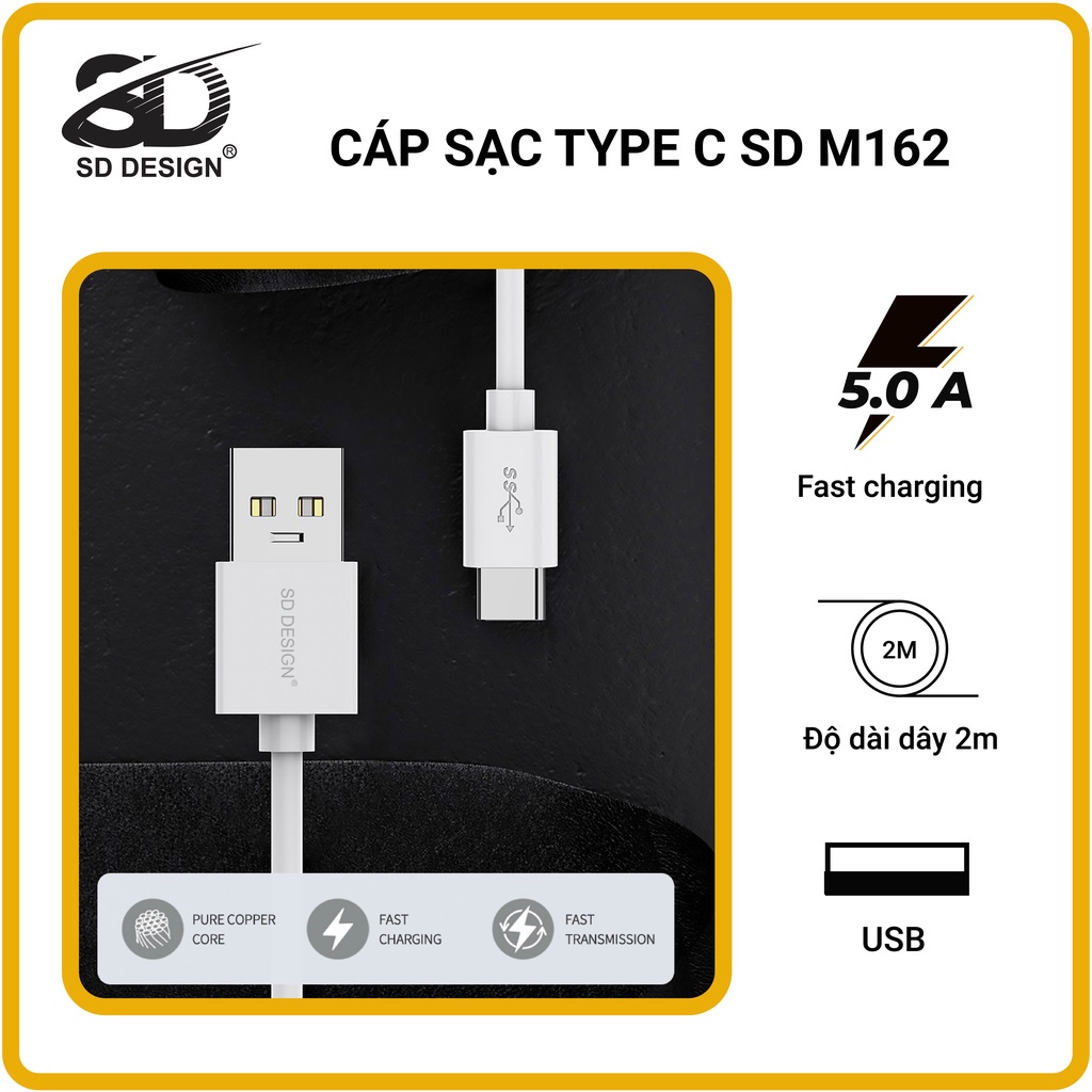 Cáp sạc TypeC SD DESIGN M162 chính hãng dây dài 2m2 chân sạc sử dụng cho các máy samsung oppo xiaomi bảo hành 1 đổi 1