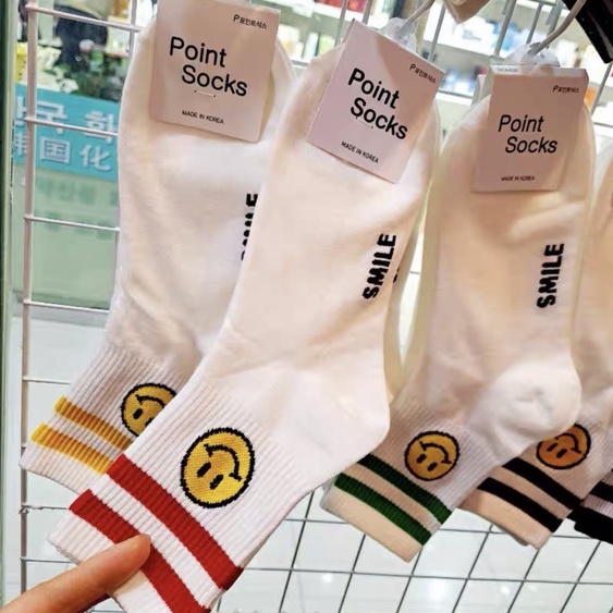Tất nam nữ cổ cao Unisex mặt cười họa tiết 2 sọc cao cấp kiểu dáng thể thao thời trang 2022