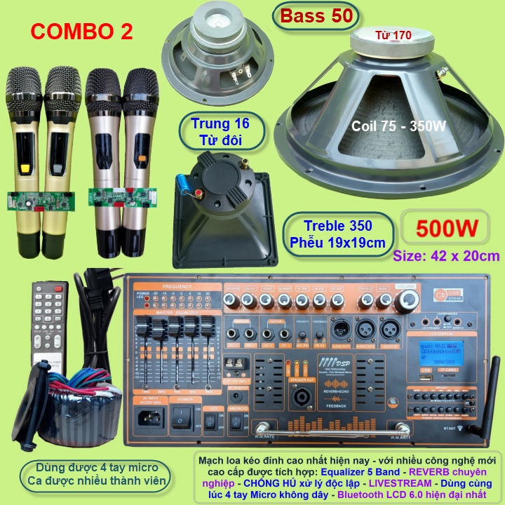 Mạch loa kéo 5 tấc đơn 500W Reverb chống hú DSP Livestream Equalizer 5 Band  kèm 4 tay Micro