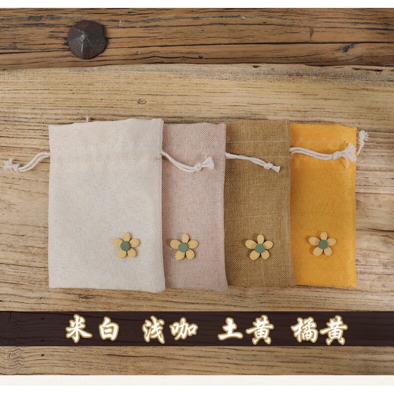 Túi vải bố đính hoa cúc gỗ đựng cà phê,hoa thơm 10*14cm
