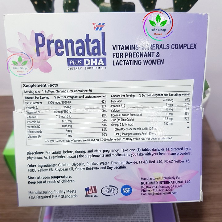 Viên uống vitamin bà bầu VH - Prenatal Plus DHA của mỹ hộp 60 viên