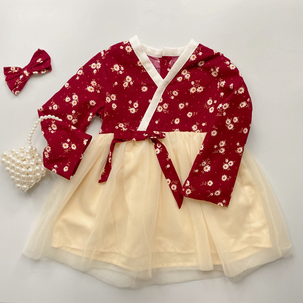 Set hanbok hàn quốc hoa nhí nhung phối voan kèm kẹp tóc bé gái 1 2 3 4 5 6 tuổi MINTSCLOSET Mint's Closet - GS1039