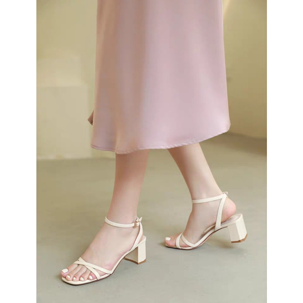 Sandal dây mảnh chéo, đế trụ 5cm, khóa cài, mũi vuông, basic sang trọng - 1000016