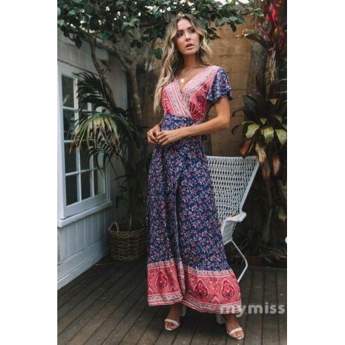 Đầm hoa hai dây cổ V nhún bèo phong cách boho thời trang cho nữ