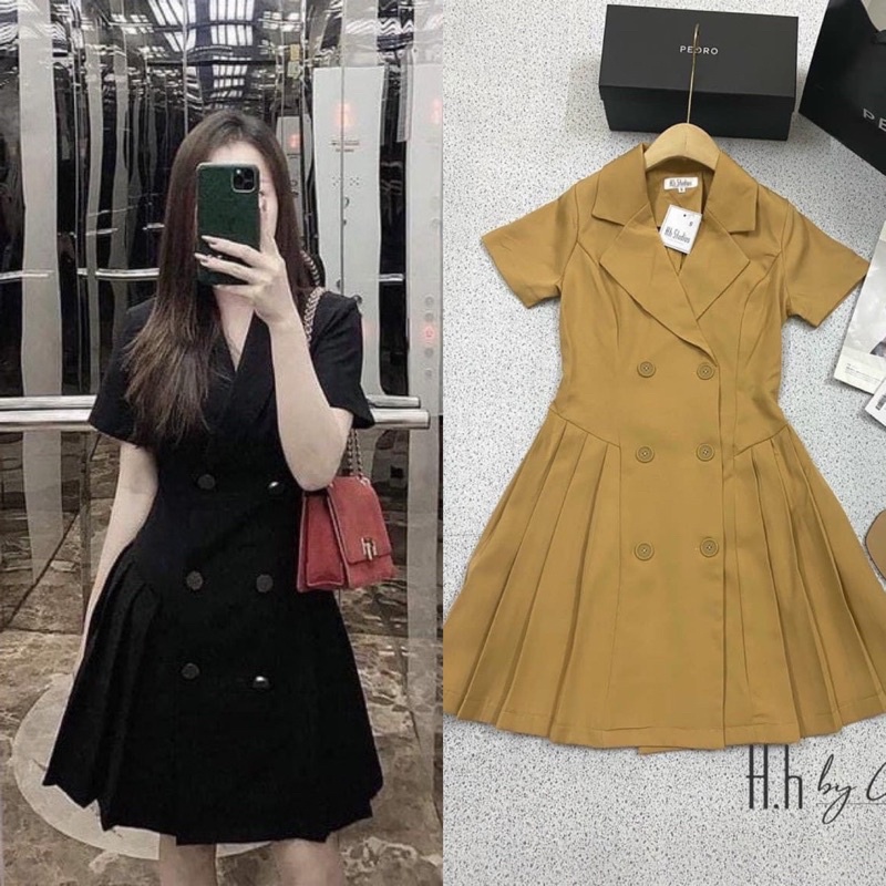 Váy sơ mi cổ vest, Váy công sở đuôi cá xếp ly khuy xinh xắn