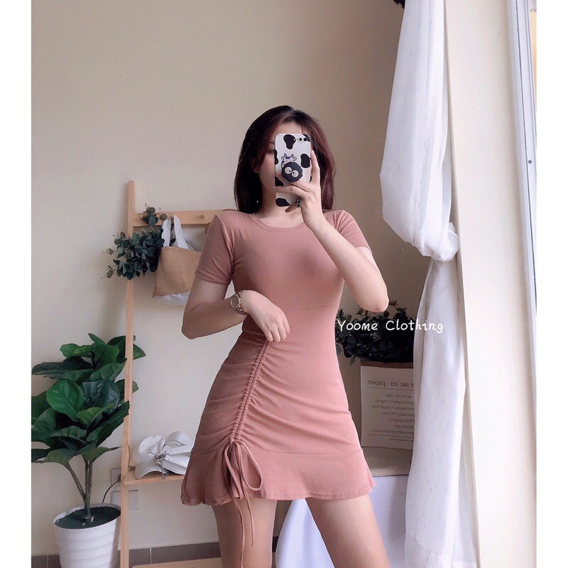 Váy body đuôi cá dây rút tay cộc chất cottonzip dày dặn co giãn cho nữ Yoomeclothing [ ẢNH THẬT TẠI SHOP]