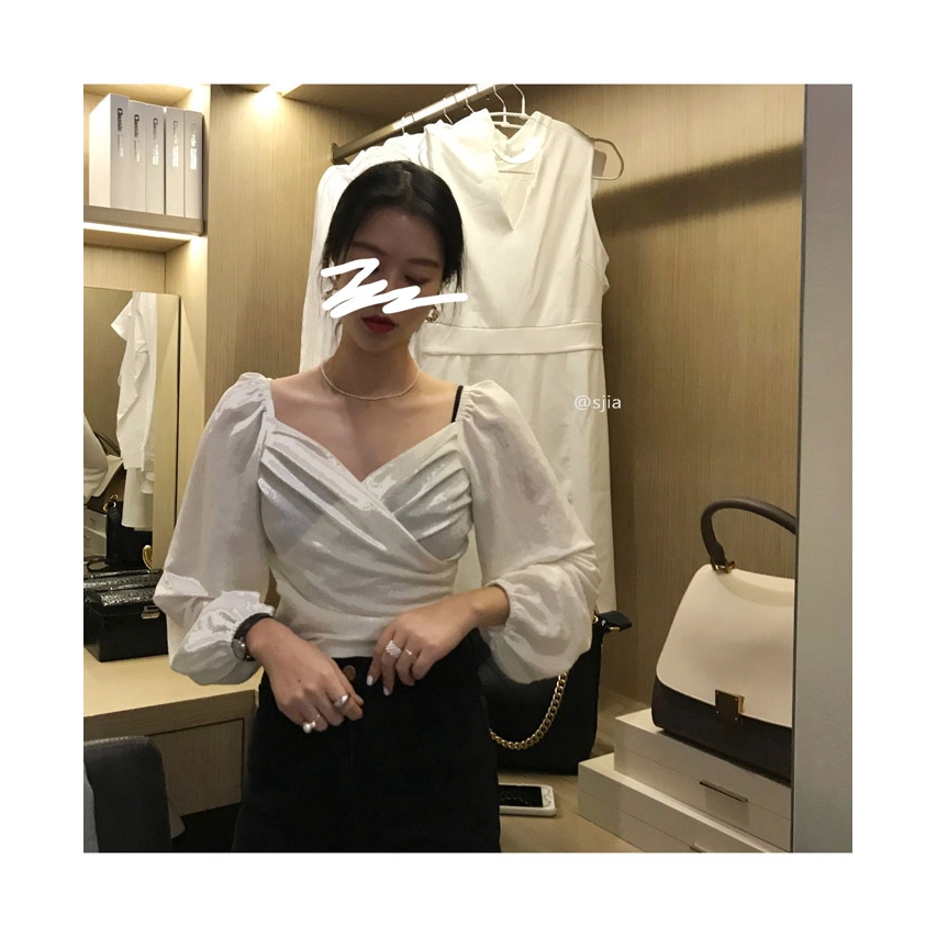 SUXI Áo sơ mi nữ cổ V tay phồng phong cách Hàn Quốc thời trang