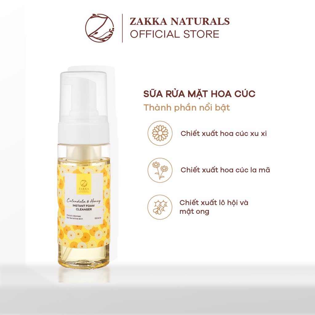 Sữa Rửa Mặt Hoa Cúc Làm Sạch Dịu Nhẹ Giữ Ẩm Calendula & Honey Instant Foam Cleanser Zakka Naturals 150ml