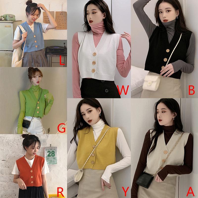 Áo cardigan dệt kim không tay cổ chữ v màu trơn phong cách Hàn Quốc