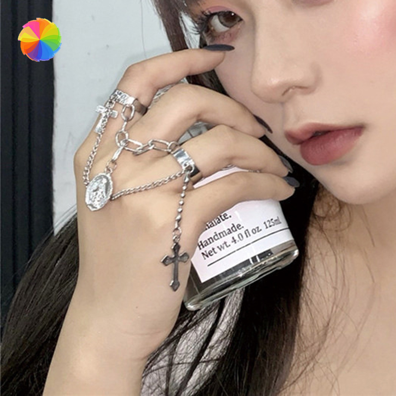 Nhẫn đeo hai ngón phối dây xích phong cách Harajuku cá tính