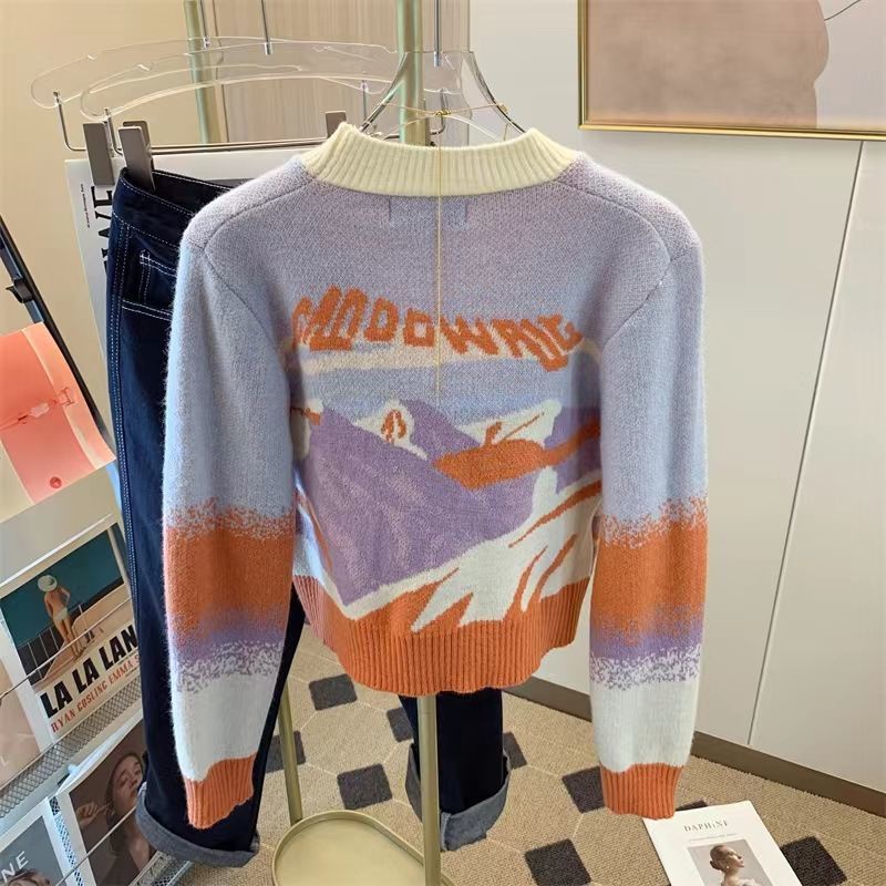 Áo Khoác Cardigan Dệt Kim Cổ Chữ V Dáng Ngắn Màu Sắc Tương Phản Thời Trang Mùa Thu