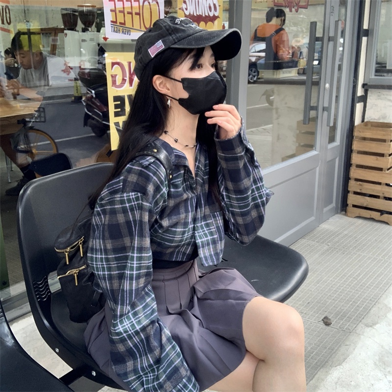 ZHELIHANGFEI Áo Sơ Mi Tay Dài Họa Tiết Sọc Caro Phong Cách Retro Thời Trang