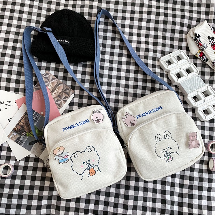 Túi chéo nữ mini vải canvas gấu thỏ trà sữa cute thời trang teen giá rẻ