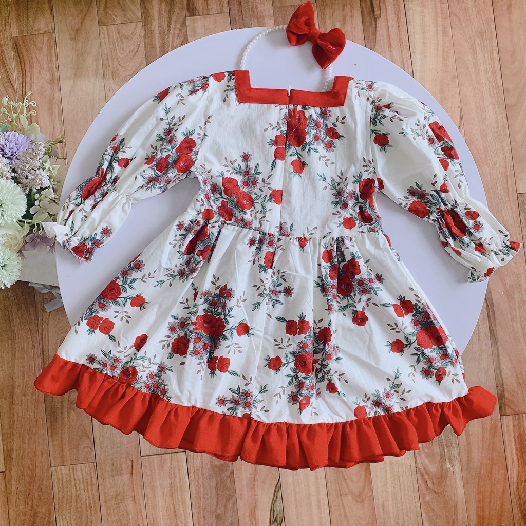 Váy cho bé gái - BABYSTORE88  Đầm hoa đỏ dài tay trẻ em công chúa hàng thiết kế 1 2 3 4 5 6 7 8 tuổi V12